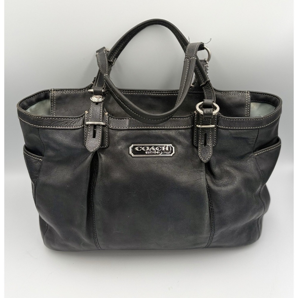 Vintage Coach East West Gallery Leather Tote Metallic Navy Blue Fabric Lined